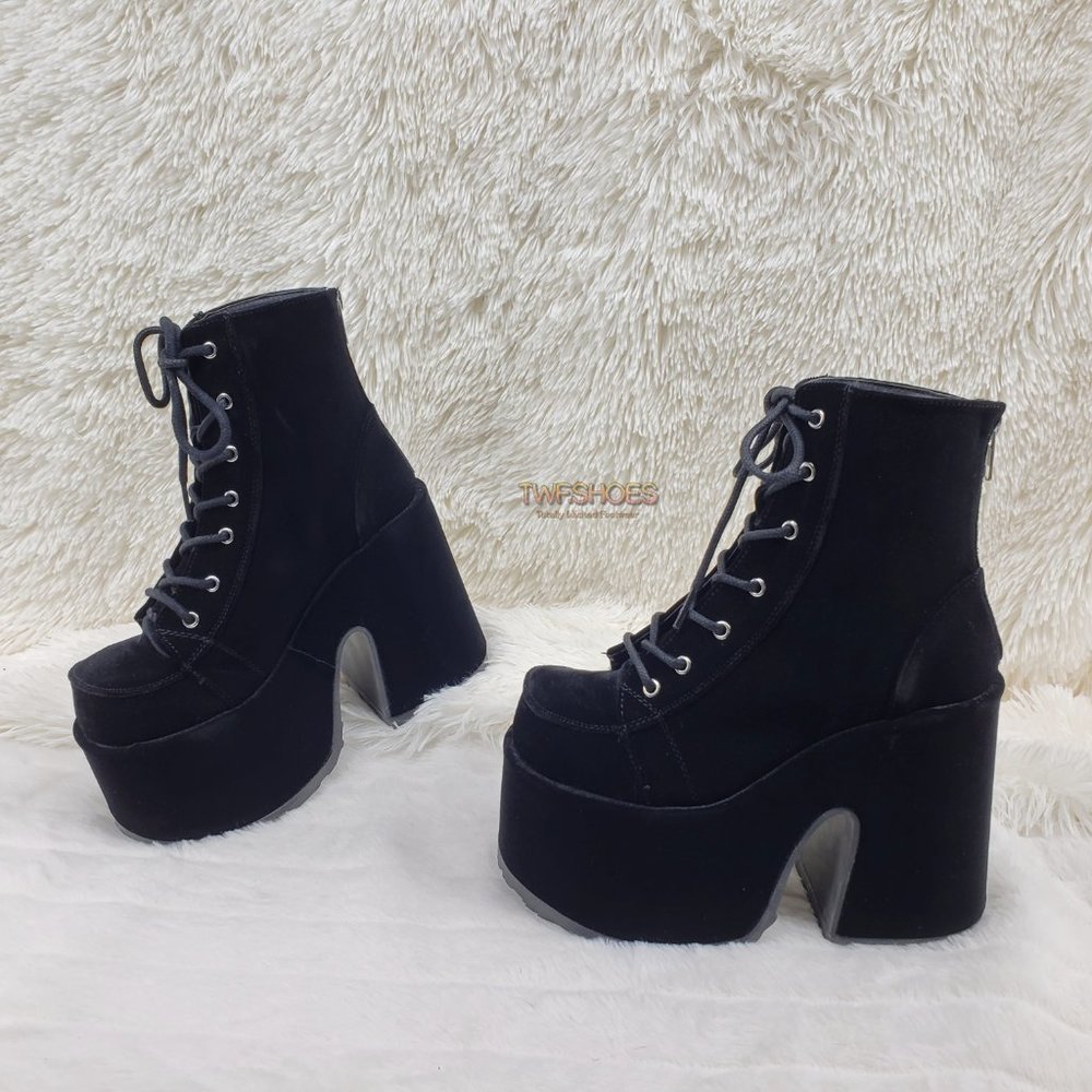 Black Velvet Platform Goth Punk Ankle Boots - Picture 10 of 15